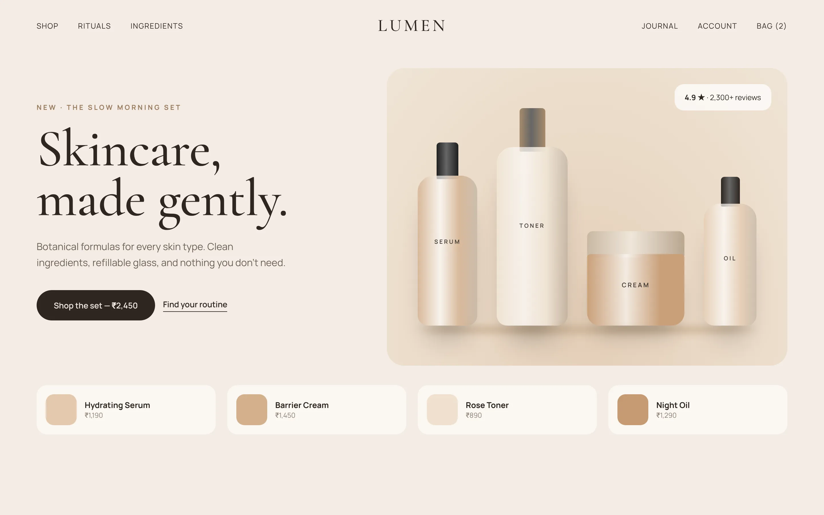 Design concept of a skincare online store with product bottles on a warm beige stage