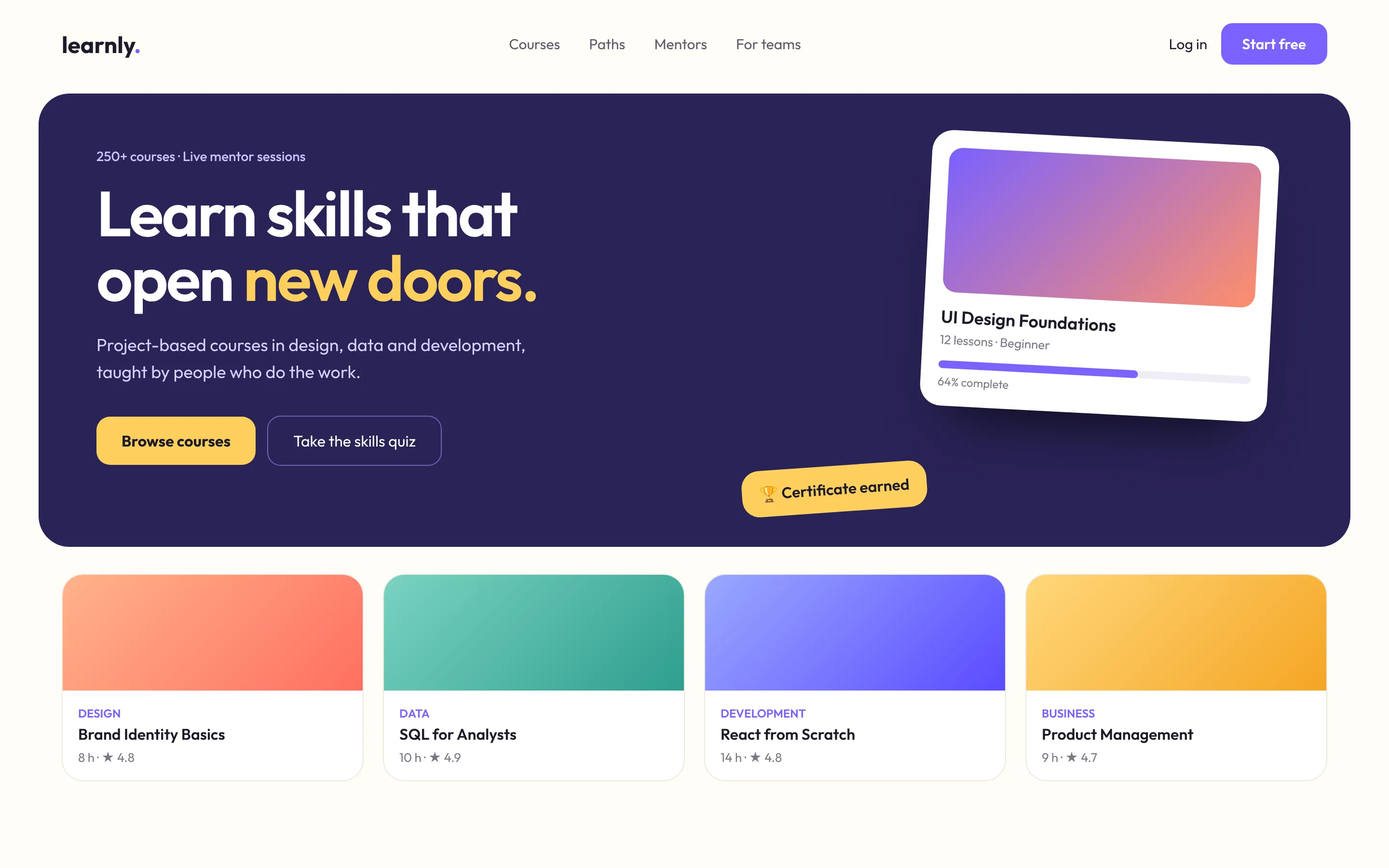 Design concept of an e-learning platform with course cards and progress tracking