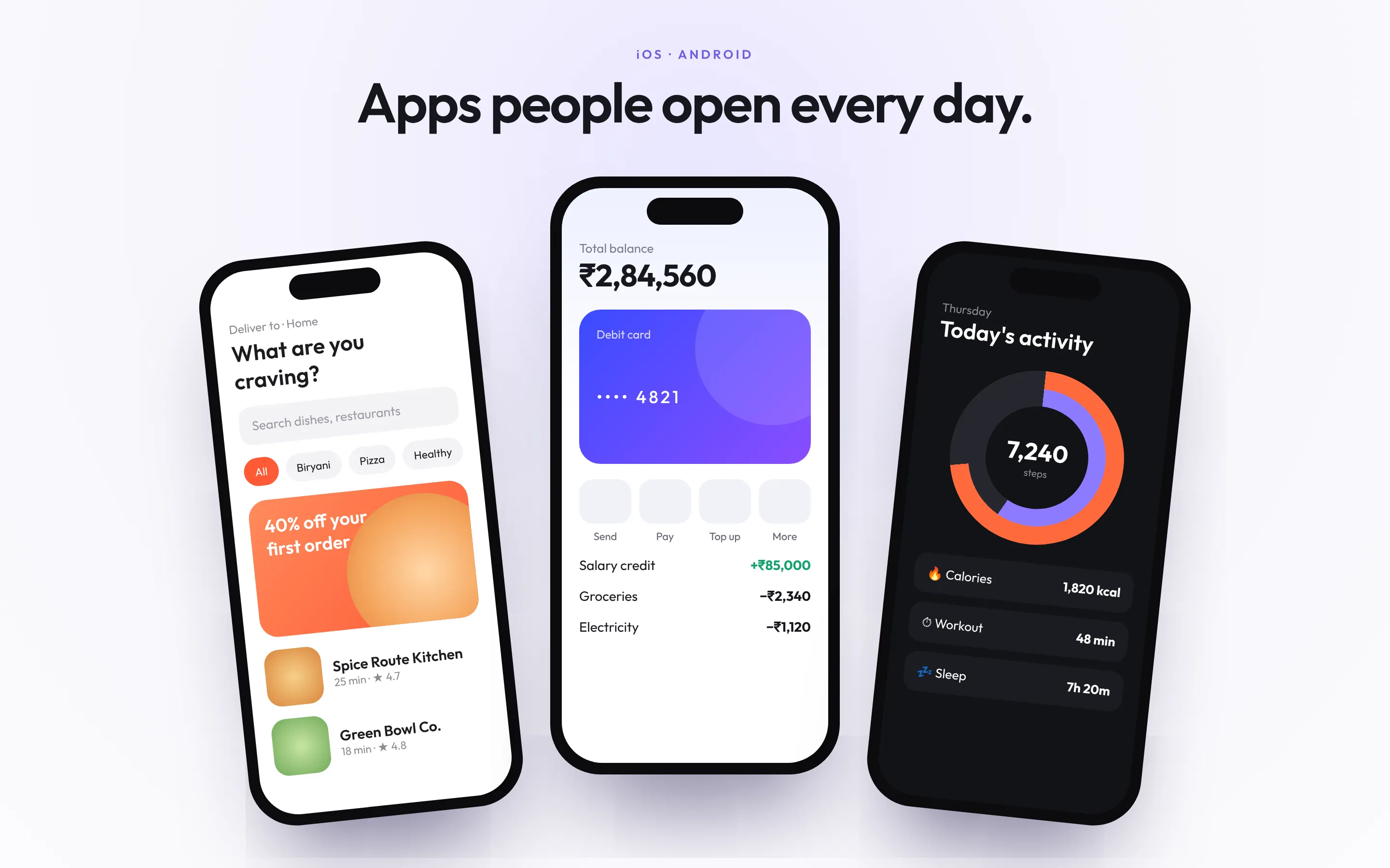 Design concept of three mobile app screens: food delivery, banking and fitness tracking