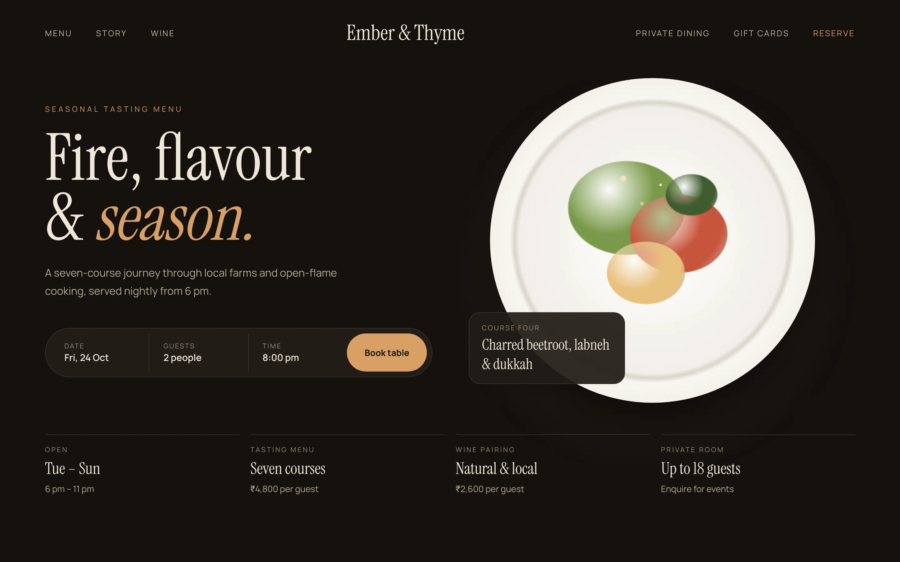 Design concept of a dark, elegant restaurant website with a plated dish and booking bar