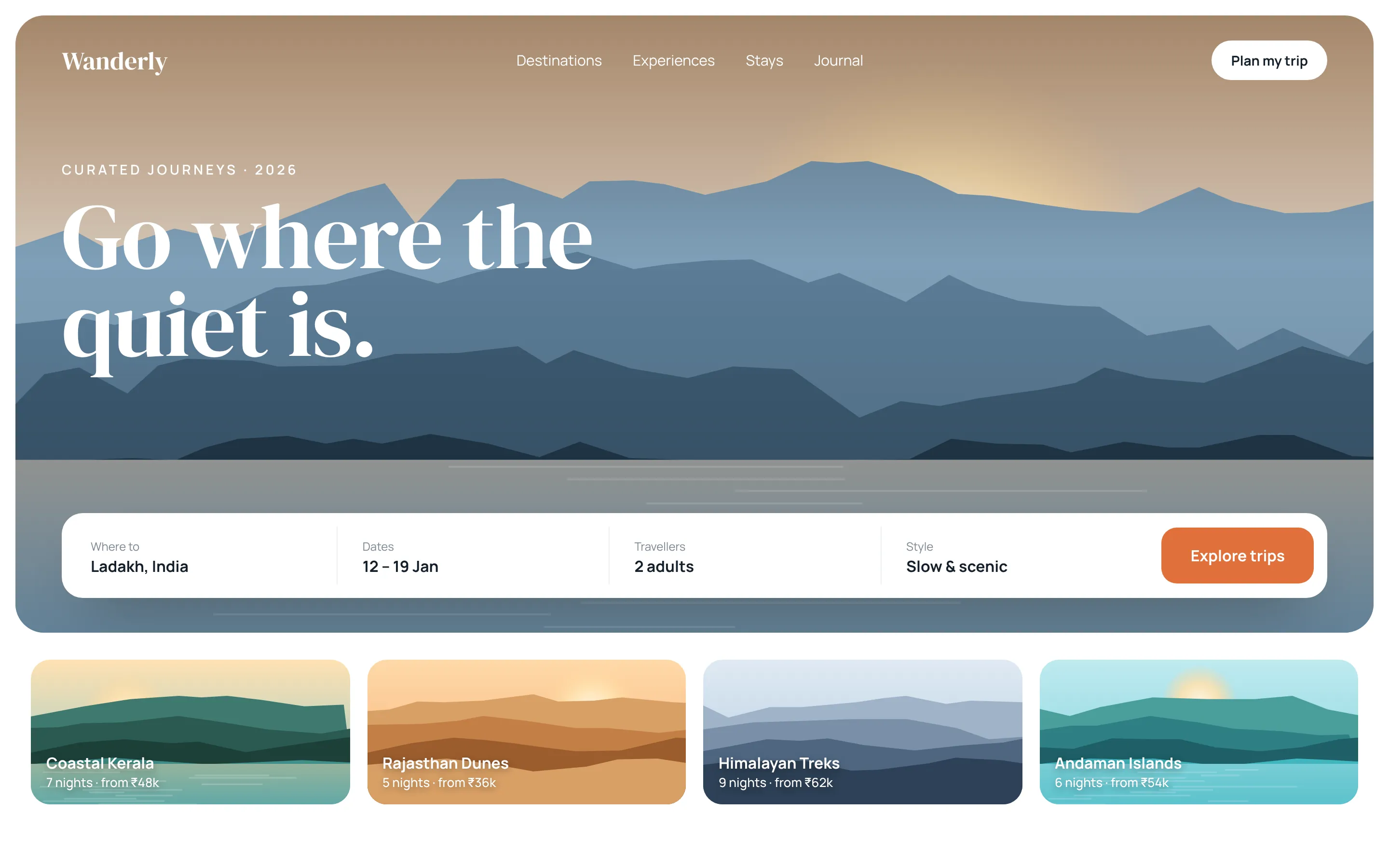 Design concept of a travel website with a mountain lake hero and trip search